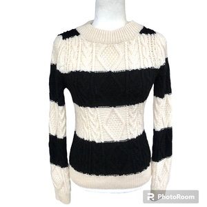 J. Crew 100% Wool Cable Hand Knit Ivory Crew Neck Stripped Sweater Womens